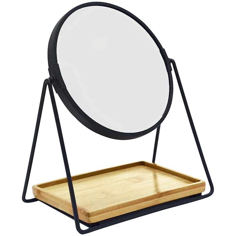 Ryu Matte Black Metal Magnifying Vanity Mirror & Bamboo Accessory Tray