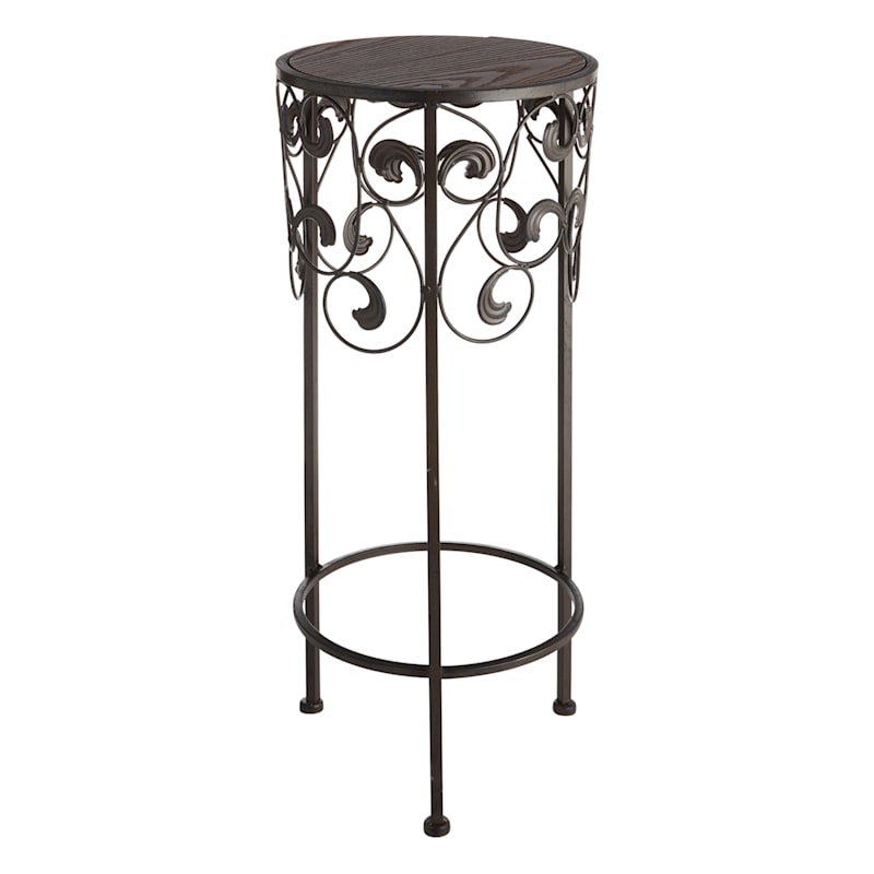 Round Wood Top With Scroll Metal Plant Stand, Medium