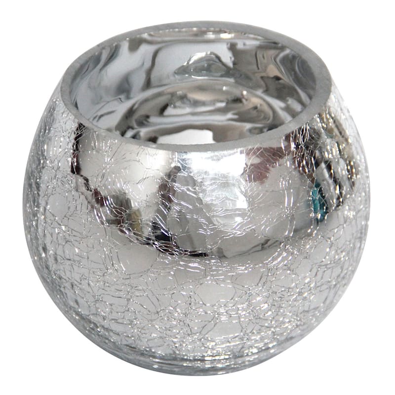 Metallic Silver Crackled Round Glass Candle Holder, 4"