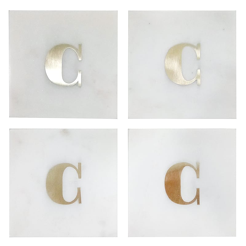 White Marble/Brass C Monogram Coaster Set Of 4