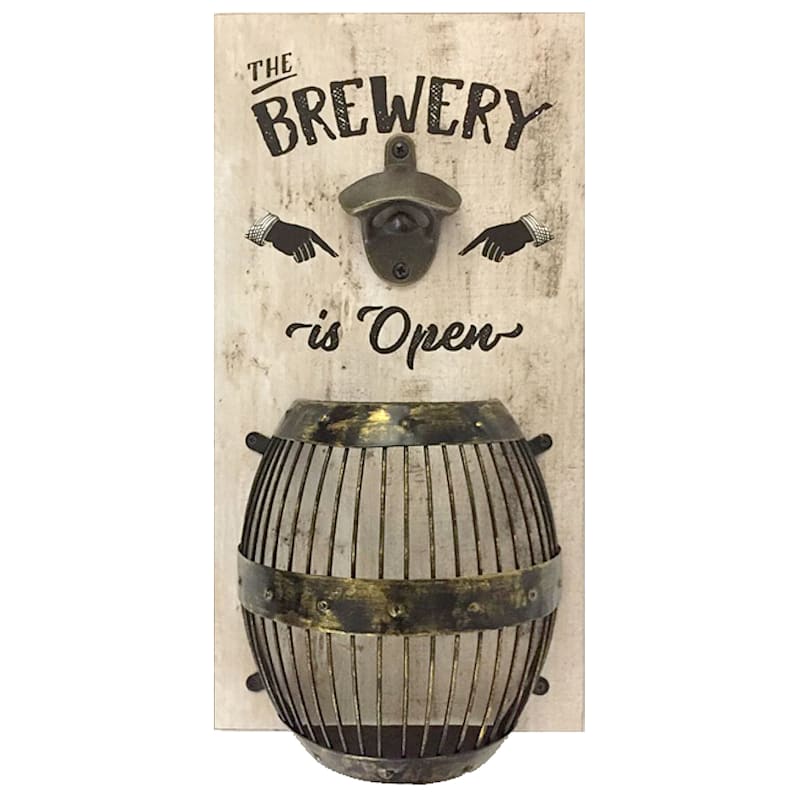 8X15 White Bottle Opener With Barrel Cap Catcher The Brewery Is Open