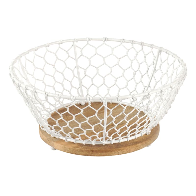 Iron Chicken Wire Weave & Mango Wood Basket, Small