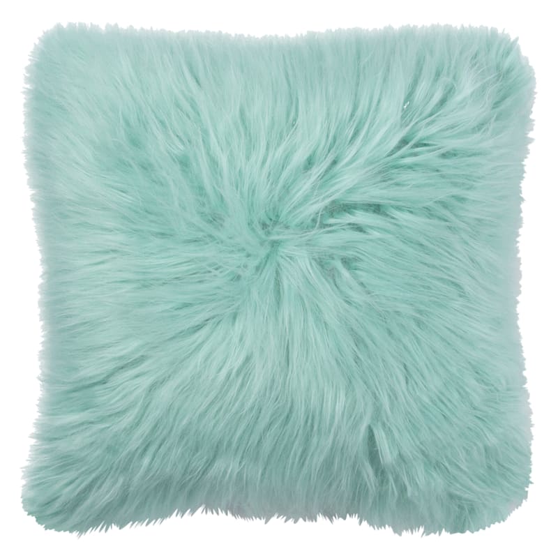 Angora Aqua Faux Fur Throw Pillow, 18"