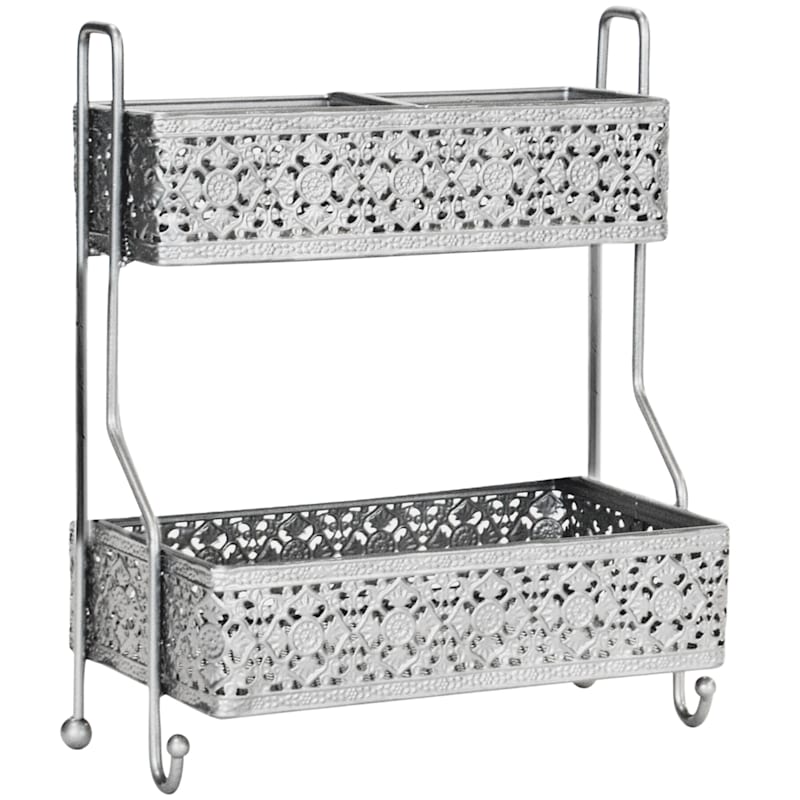 Coptique Silver Punched Metal, 2 Tier Vanity Tray Silver