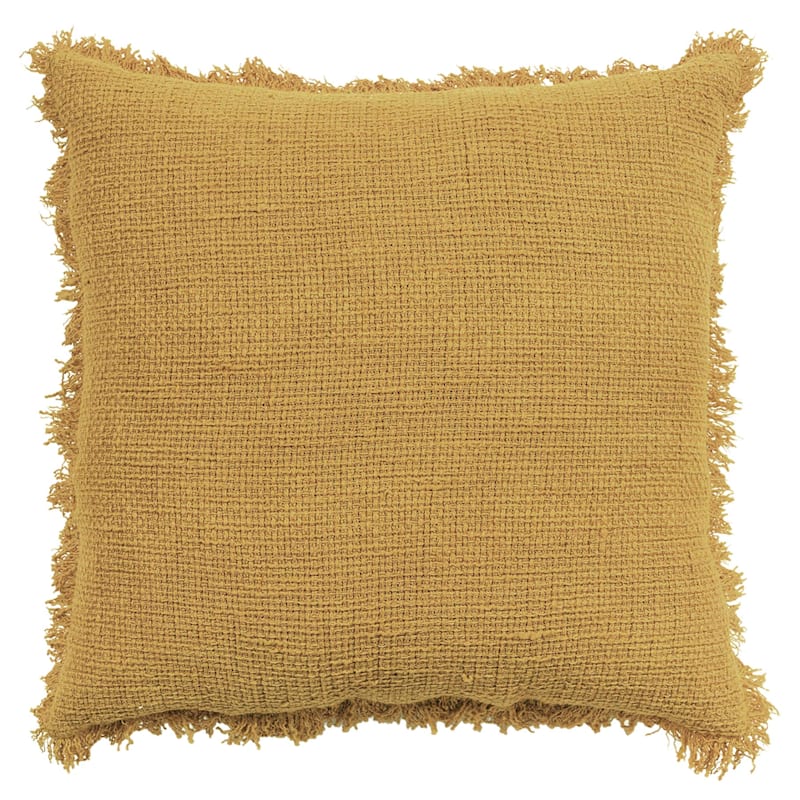 Yellow Cotton Waffle Textured Throw Pillow with Fringe, 18"