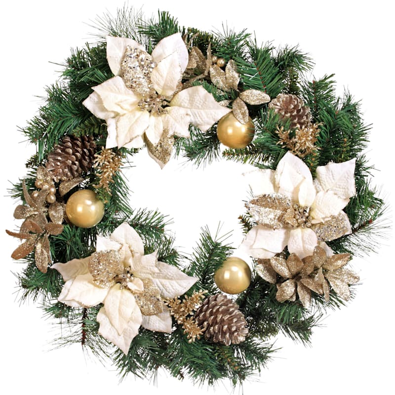 24-in Glitter, Velvet Poinsettia & Ornament Wreath