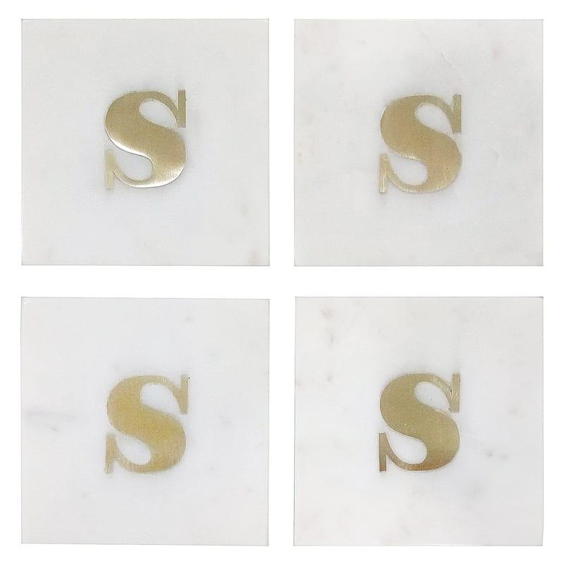 White Marble/Brass S Monogram Coaster Set Of 4