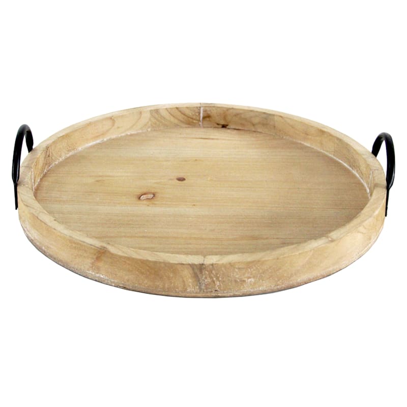 16X16 Wood Round Large Tray With Metal Handle At Home