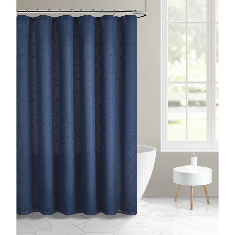 Larsson Navy Texture Woven Shower, Solid Navy Blue Fabric Shower Curtain