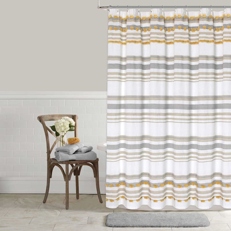 Yellow Grey Tufted Stripe Shower, Grey White Gold Shower Curtain