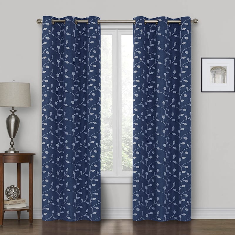 Rockwell Navy Embroidered Blackout, Navy Grommet Curtains 84
