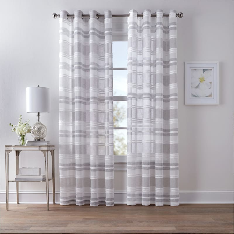 Dakota Light Grey Textured Striped Sheer Grommet Curtain Panel, 84"