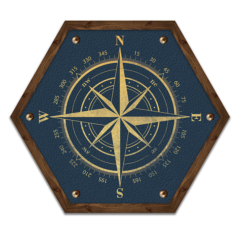 Blue Compass Hexagon Wood Wall Art, 10x12