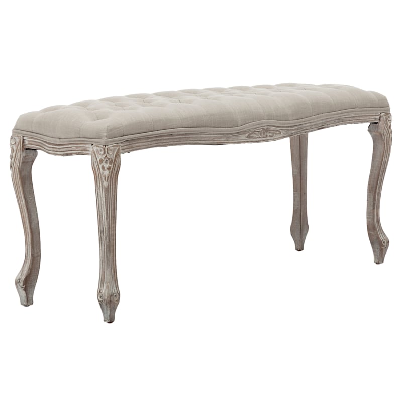Simone Grey Linen Tufted Bench with Carved Reclaimed Wood Legs