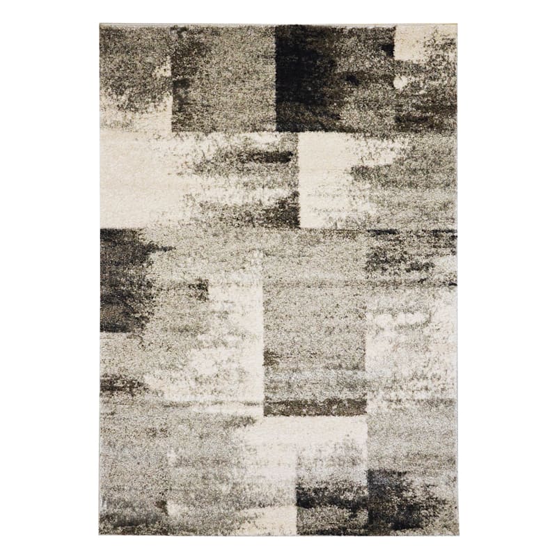 (B501) Ivory & Gray Abstract Block Accent Rug, 3x5