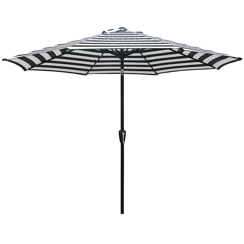 Black Awning Striped Outdoor Crank & Tilt Steel Umbrella, 9'