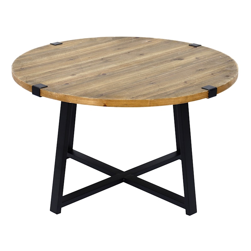 Round Wood Top Coffee Table with Metal X Base