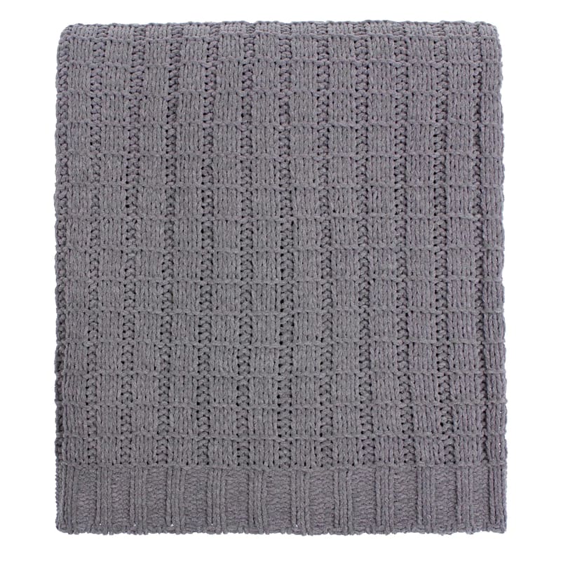Gray Polyester Chenille Knit Throw Blanket, 50x60