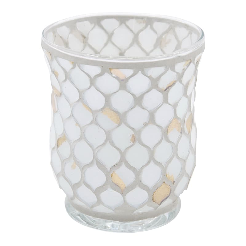 White Gold Mosaic Votive Candle Holder, 5"