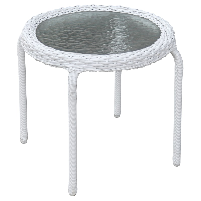 Tempered Glass Top Outdoor Wicker End Table, White