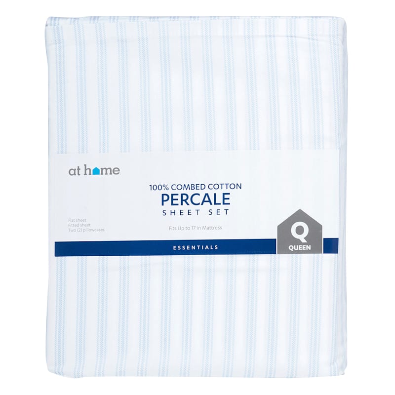 4-Piece Light Blue 100% Cotton Percale Sheet Set, King | At Home