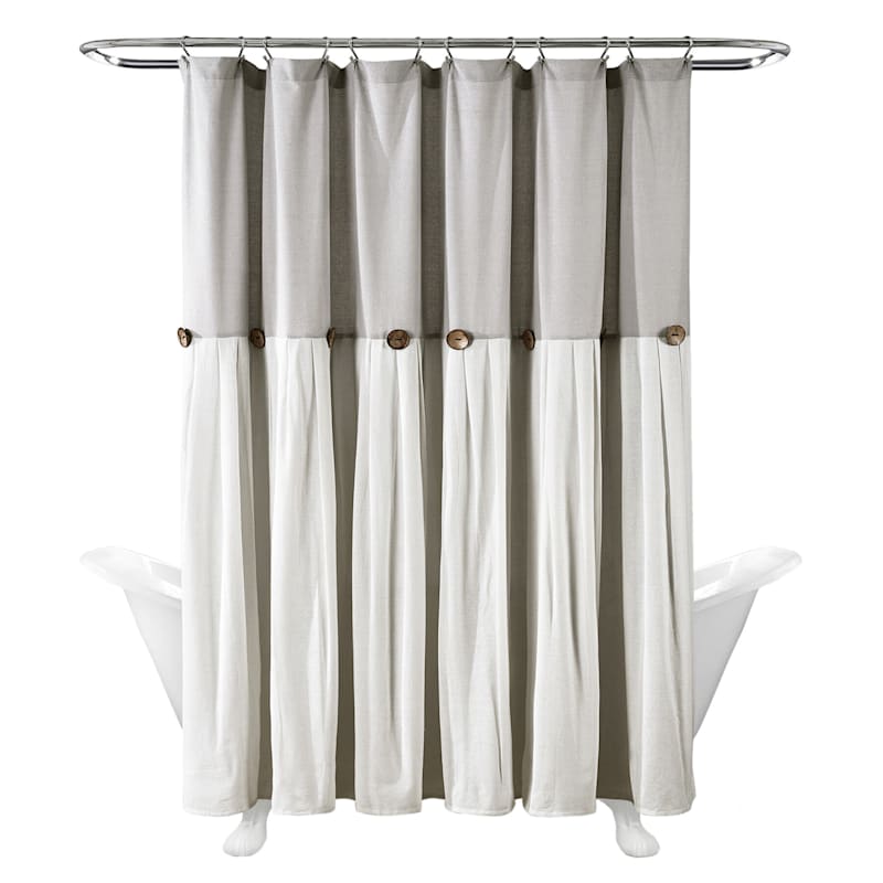 Light Grey Faux Linen Pleated Shower Curtain With Buttons 72X72