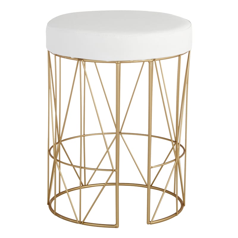 Keira Glazed Gold Wire Vanity Stool/Padded White Faux Leather Seat