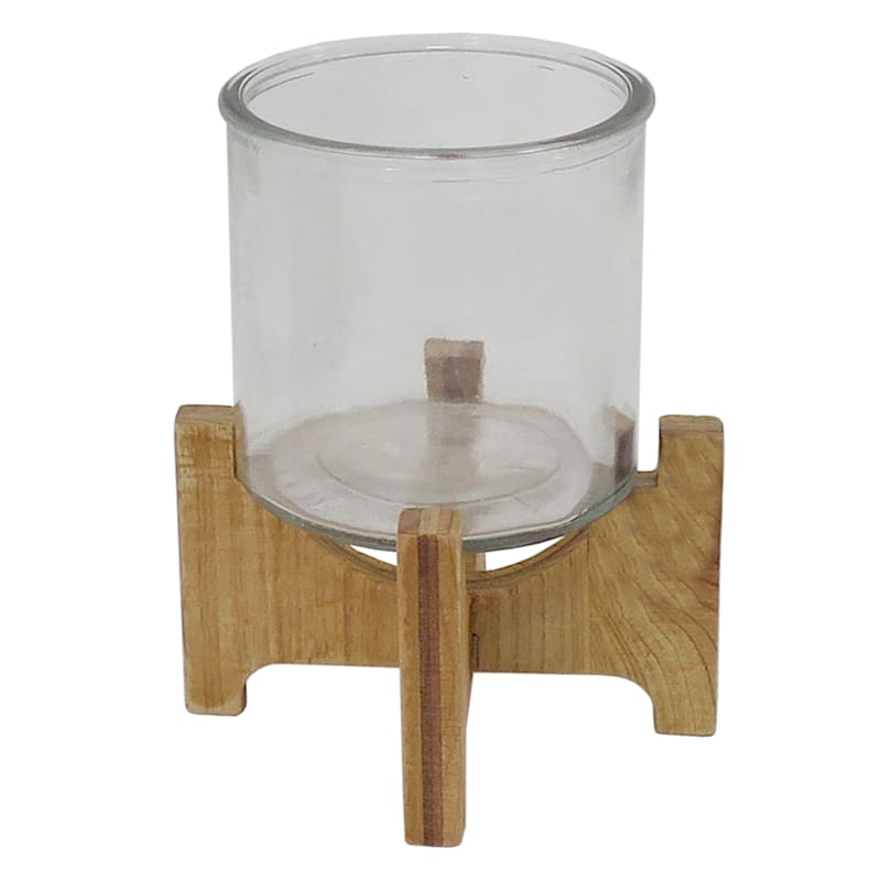 Wooden Hurricane Glass Candle Holder, 6.5"