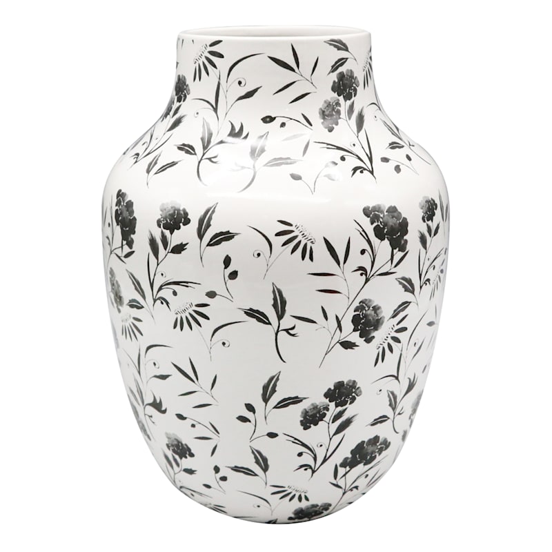 Black & White Floral Ceramic Vase, 11"