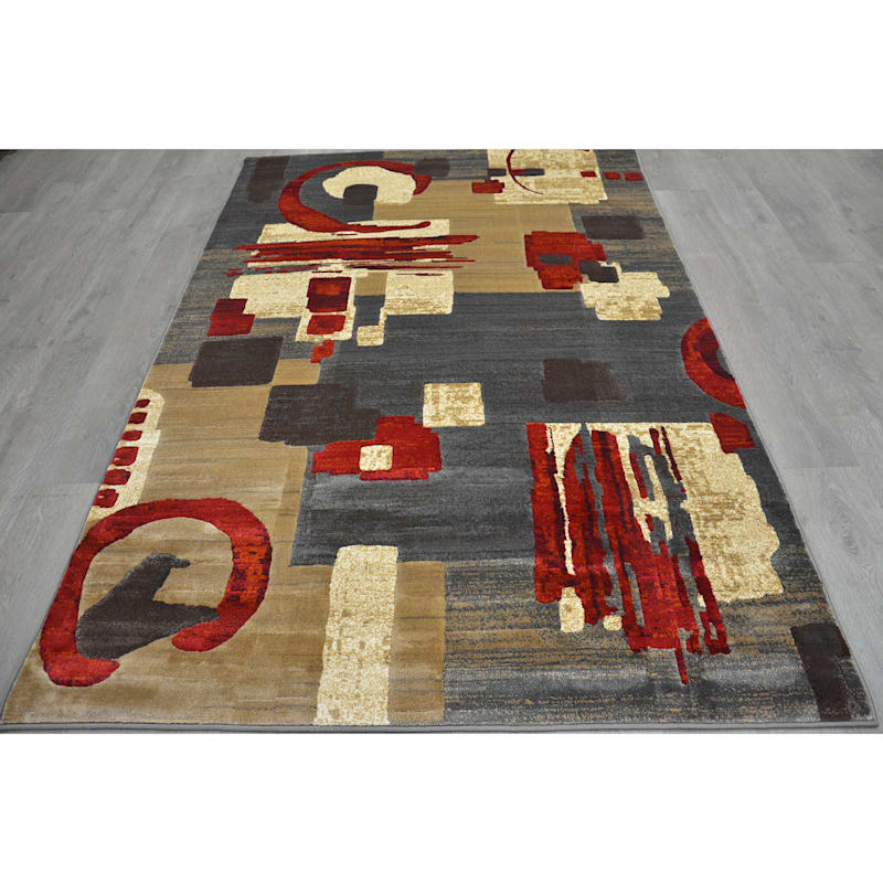 (B142) Modern Beige & Red Abstract Area Rug, 5x7