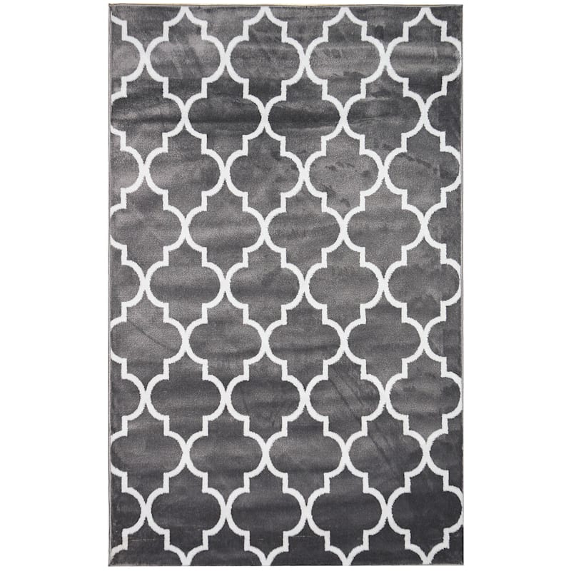 (D394) Dark Grey & White Quatrefoil Design Area Rug, 8x10