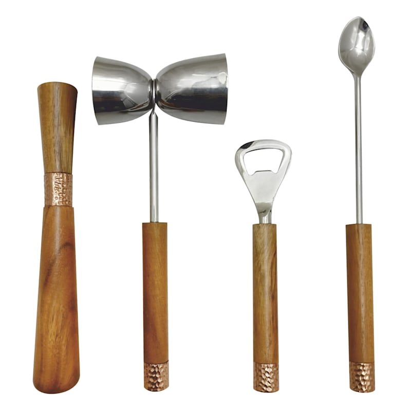 Set of 4 Copper & Wood Bar Tools