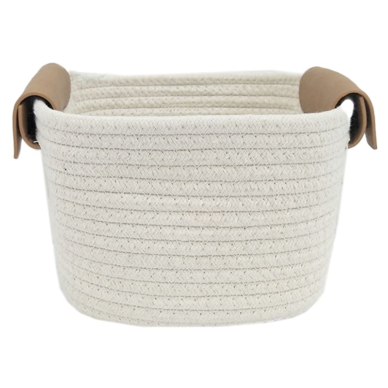 8X8X5 White Square Rope Basket/Leather Handle
