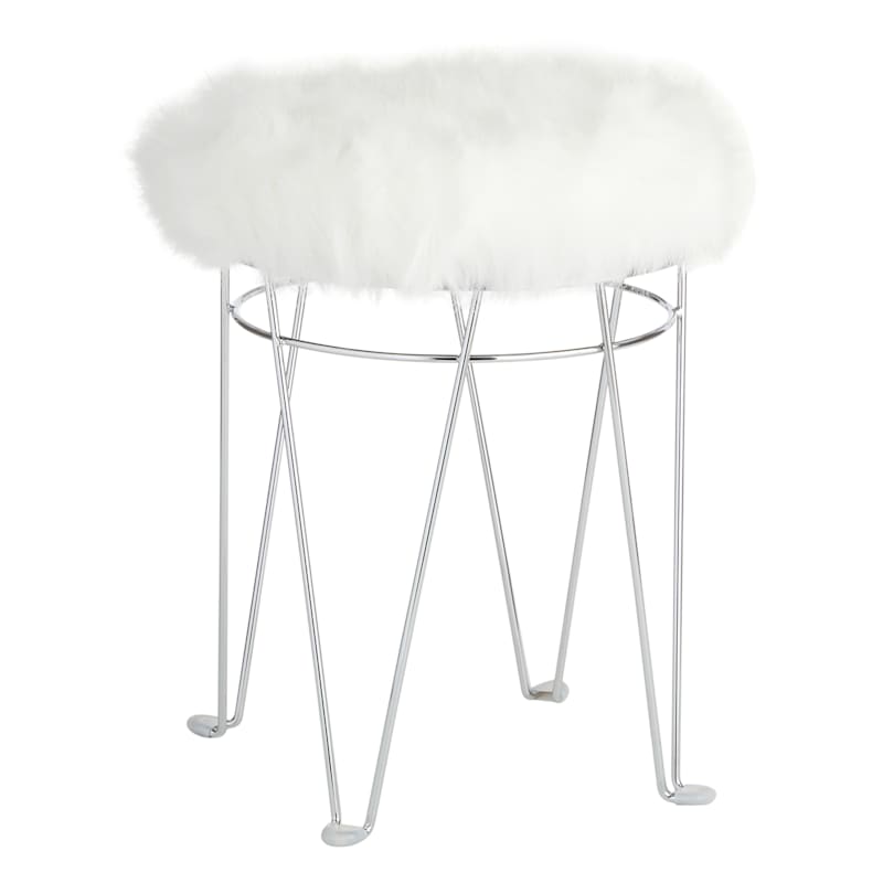 Rion Chrome Wire Vanity Stool/Padded White Faux Fur Seat