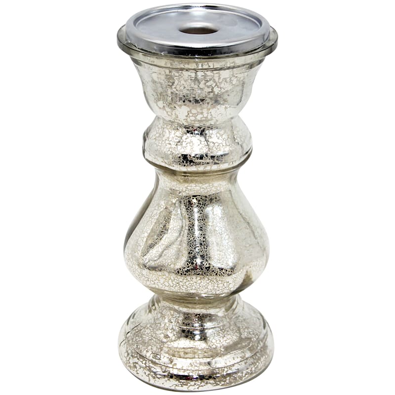 Distressed Mercury Glass Pillar Candle Holder, 9"