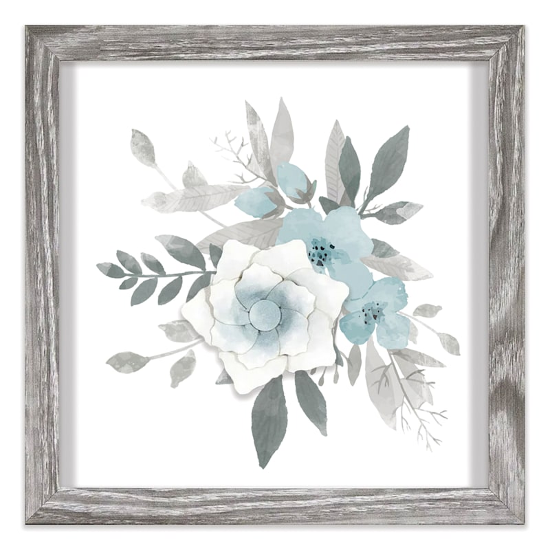 10X10 Blue Watercolor Floral 3D Framed Art Under Glass | At Home