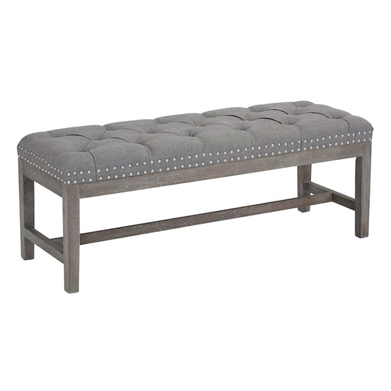 Ferdinand Tufted Tan Linen Wood Bench with Double Nailhead