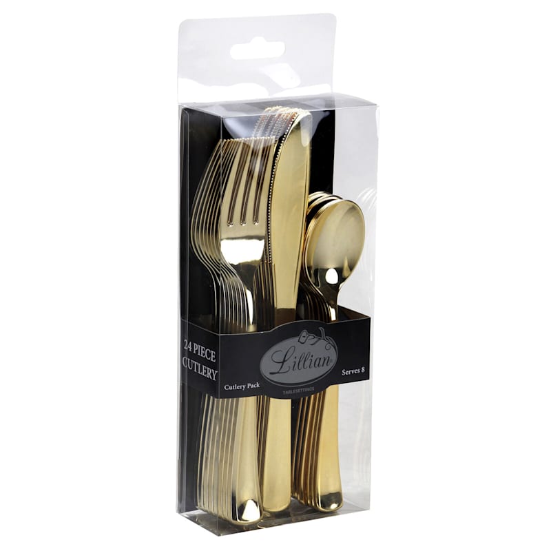 Polished Gold 24-Piece Plastic Cutlery Combo Lillian Table Settings