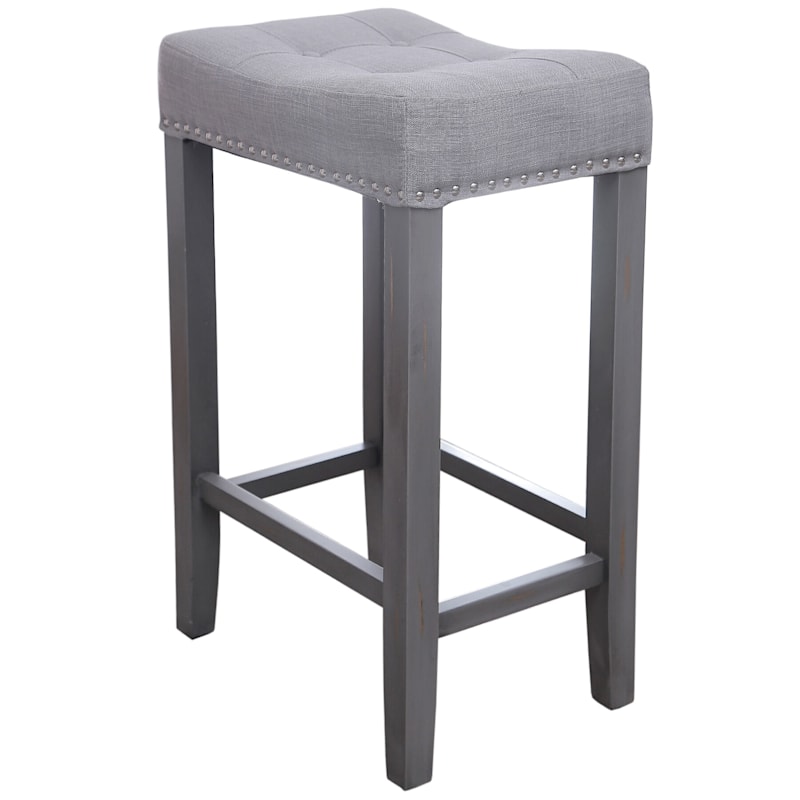 Macie Grey Backless Wooden Counter, Grey Tufted Counter Stool