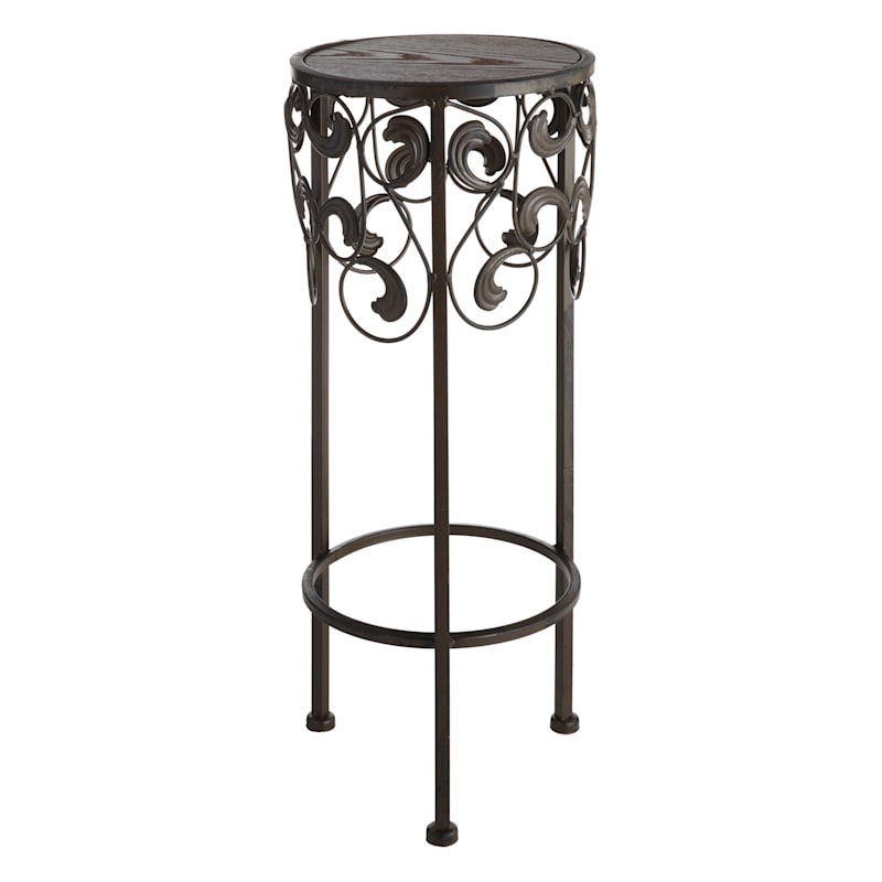 Round Wood Top With Scroll Metal Plant Stand, Small