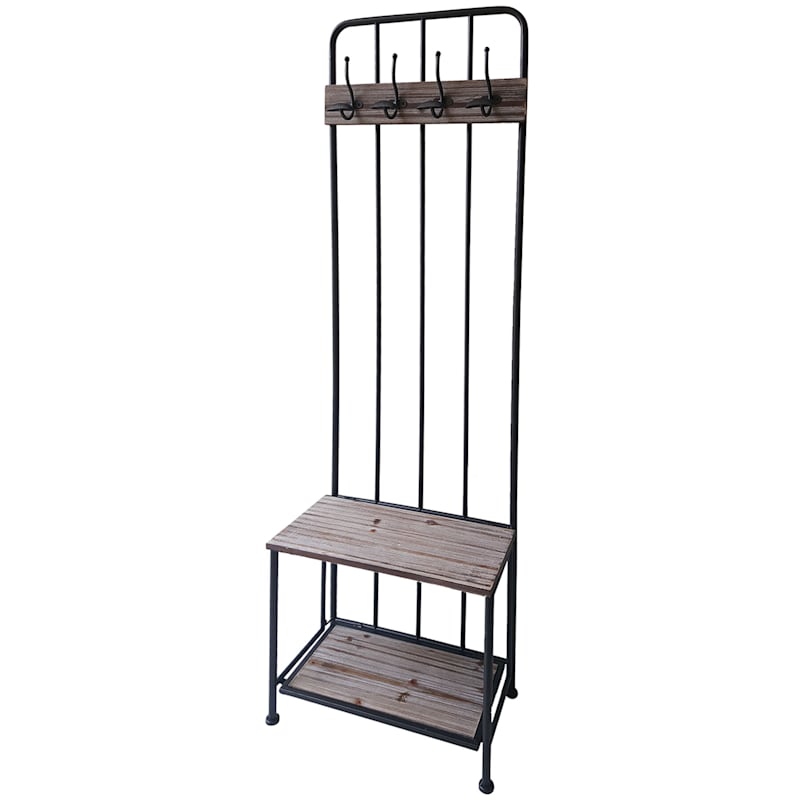 88in. Metal Coat Tree With 4 Hook And Folding Wood Top Shelves