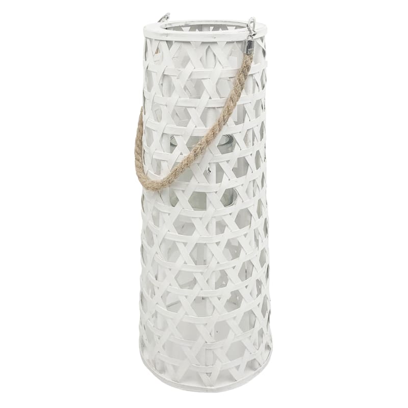 White Wood Cutout Lantern with Rope Handle, 20"