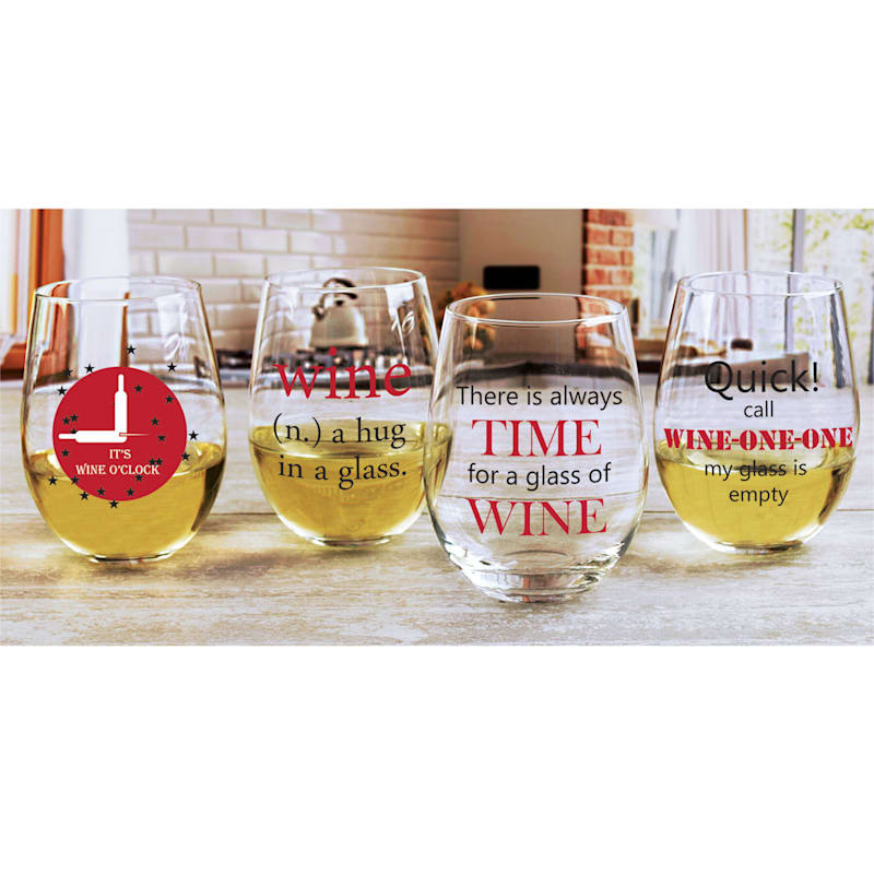 Set of 4 Wine Time Stemless Wine Glasses