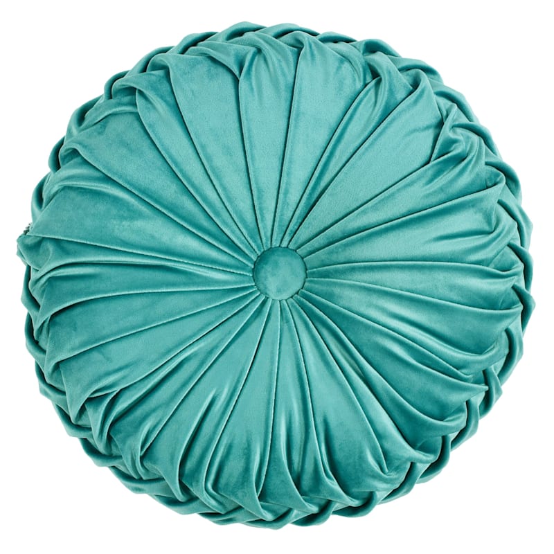 Holan Teal Pleated Velvet Round Pillow With Button 16in.