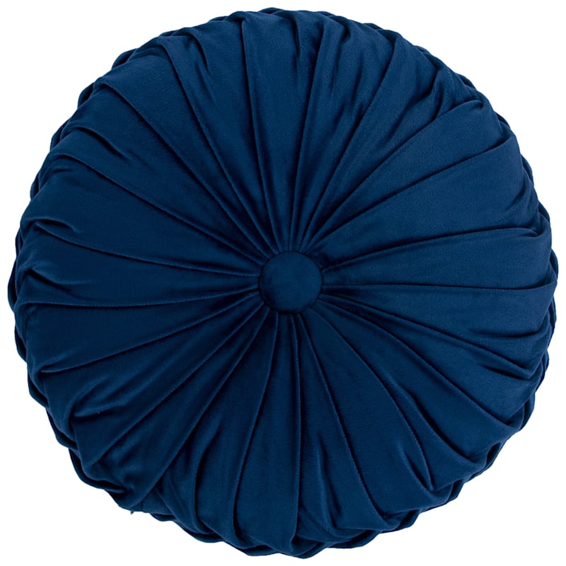 Holan Navy Pleated Velvet Round Pillow With Button 16in.