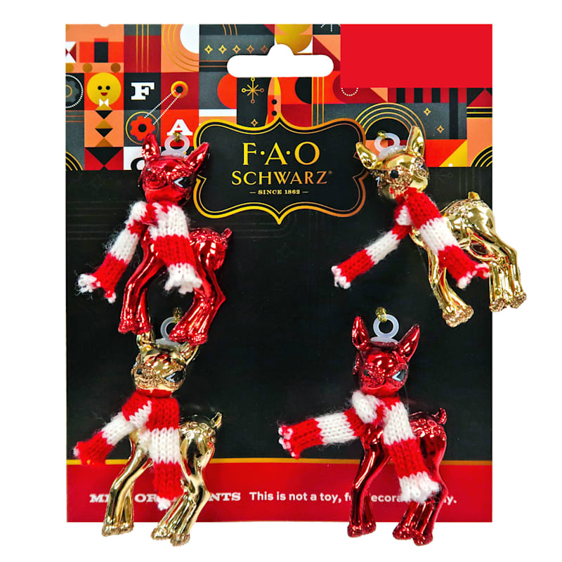 FAO Schwarz 4-Count Mini Gold & Red Deer Shatterproof Ornaments