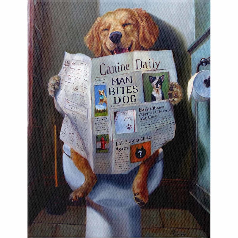 Dog with Newspaper In Bathroom Canvas Wall Art, 12x16
