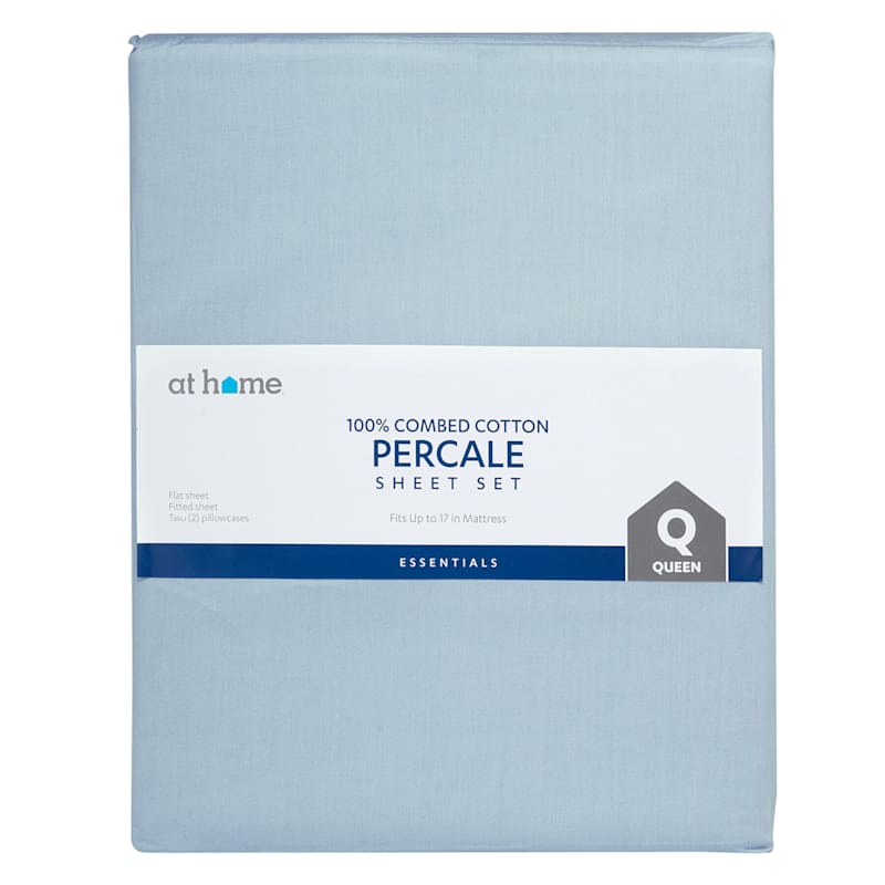 4-Piece Blue 100% Cotton Percale Sheet Set, King