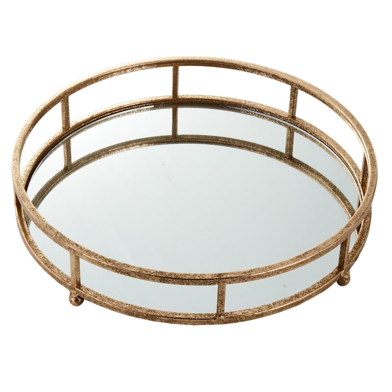 14in Mirrored Gold Metal Round Tray, Gold Mirrored Dresser Tray