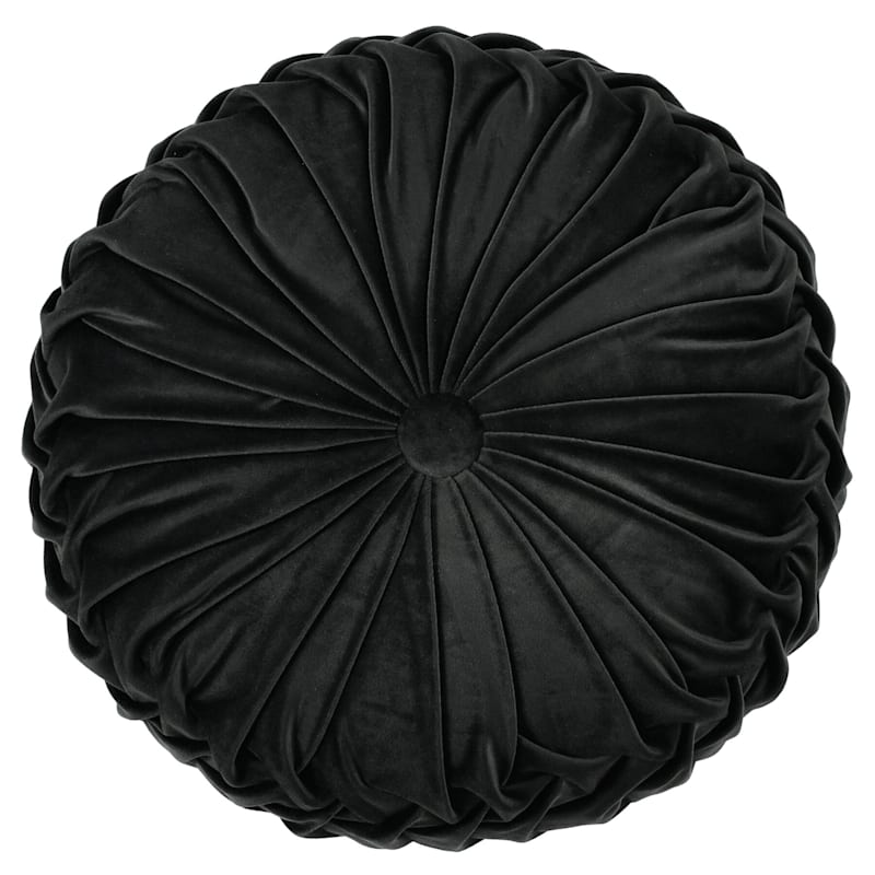 Holan Black Pleated Velvet Round Throw Pillow, 16"